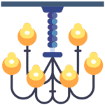 Modern chandelier with six illuminated bulbs, ceiling fixture lighting.