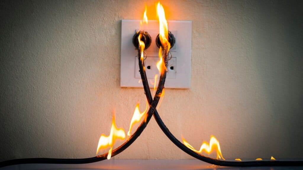 Electrical outlet with burnt cords and flames. Damaged electrical outlet with burning cords and fire hazard.