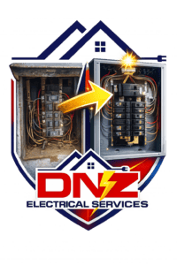 An icon representing a complete electrical panel upgrade to 200A by DNZ Electrical Services, showing a safe 'Correct' wiring status verified by a GFCI test. Serves Agoura Hills, Thousand Oaks, and Conejo Valley