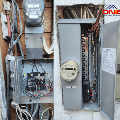 before-after-electrical-panel-upgrade-agoura-hills-electrician Before and after electrical panel upgrade showing replacement of an old breaker panel with a modern 200 amp electrical panel by DNZ Electrical Services in Agoura Hills , Thousan Oaks and LA, Ventura Counties
