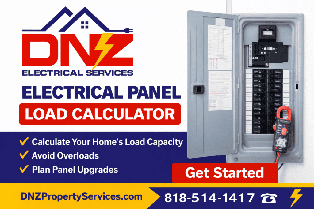 Electrical Panel Load Calculator Service | DNZ Electrical Services DNZ Electrical Services electrical panel load calculator graphic showing open breaker panel, clamp meter, and panel upgrade planning information