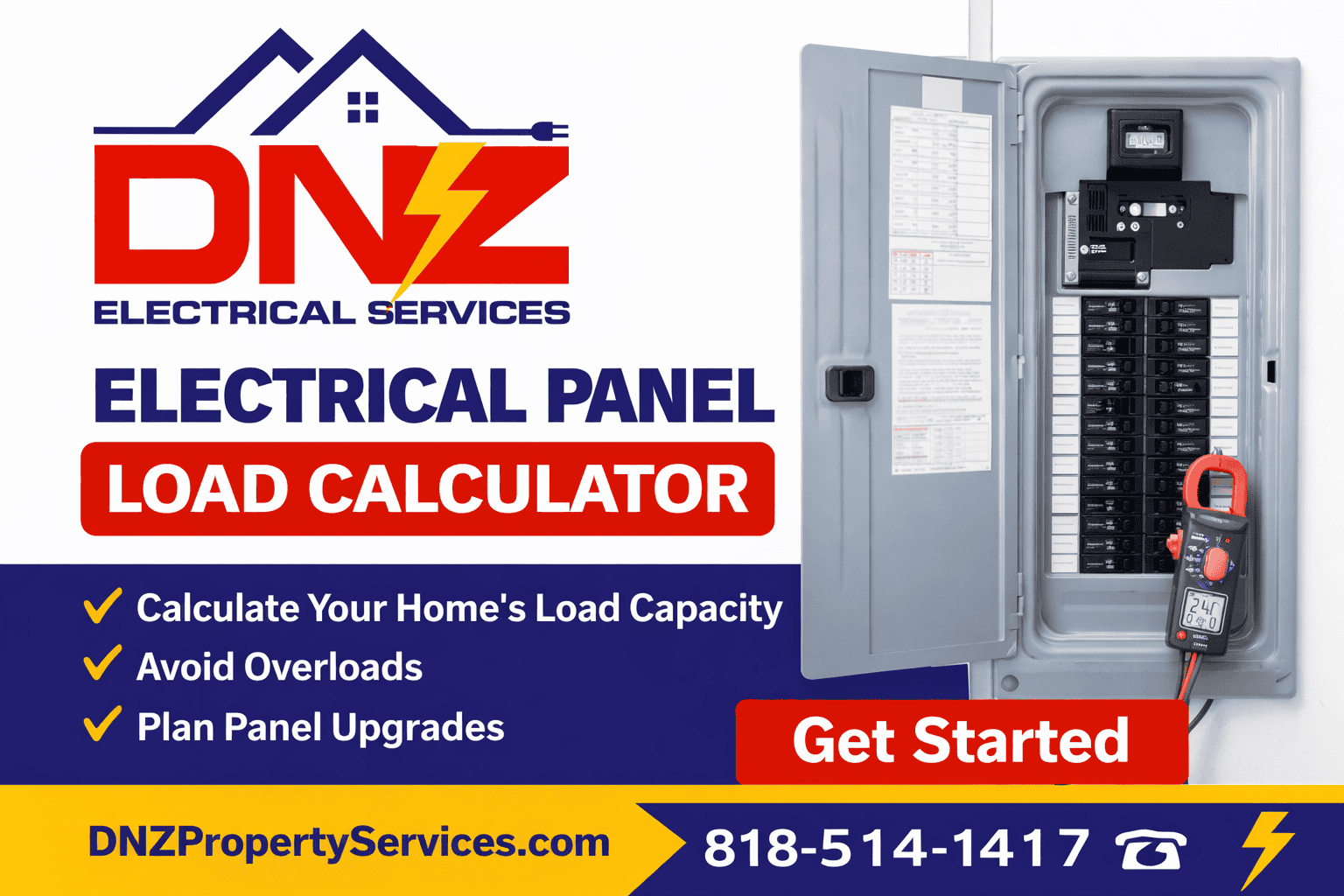 Electrical Panel Load Calculator Service | DNZ Electrical Services DNZ Electrical Services electrical panel load calculator graphic showing open breaker panel, clamp meter, and panel upgrade planning information