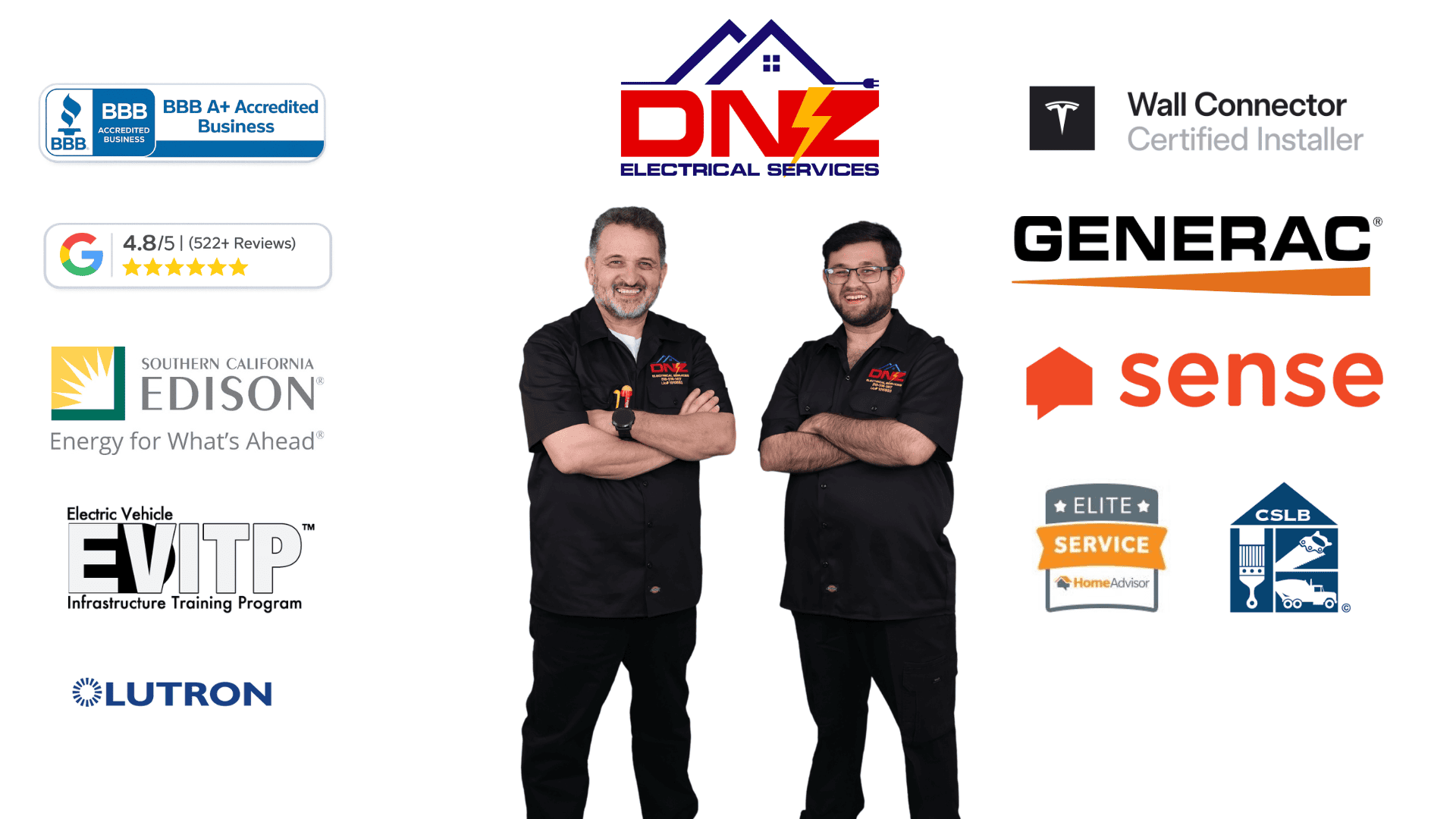 Certified Electricians – DNZ Electrical Services Agoura Hills DNZ Electrical Services licensed electricians standing with industry certifications including Tesla Wall Connector installer, Generac, Southern California Edison, and EVITP training in Agoura Hills California.