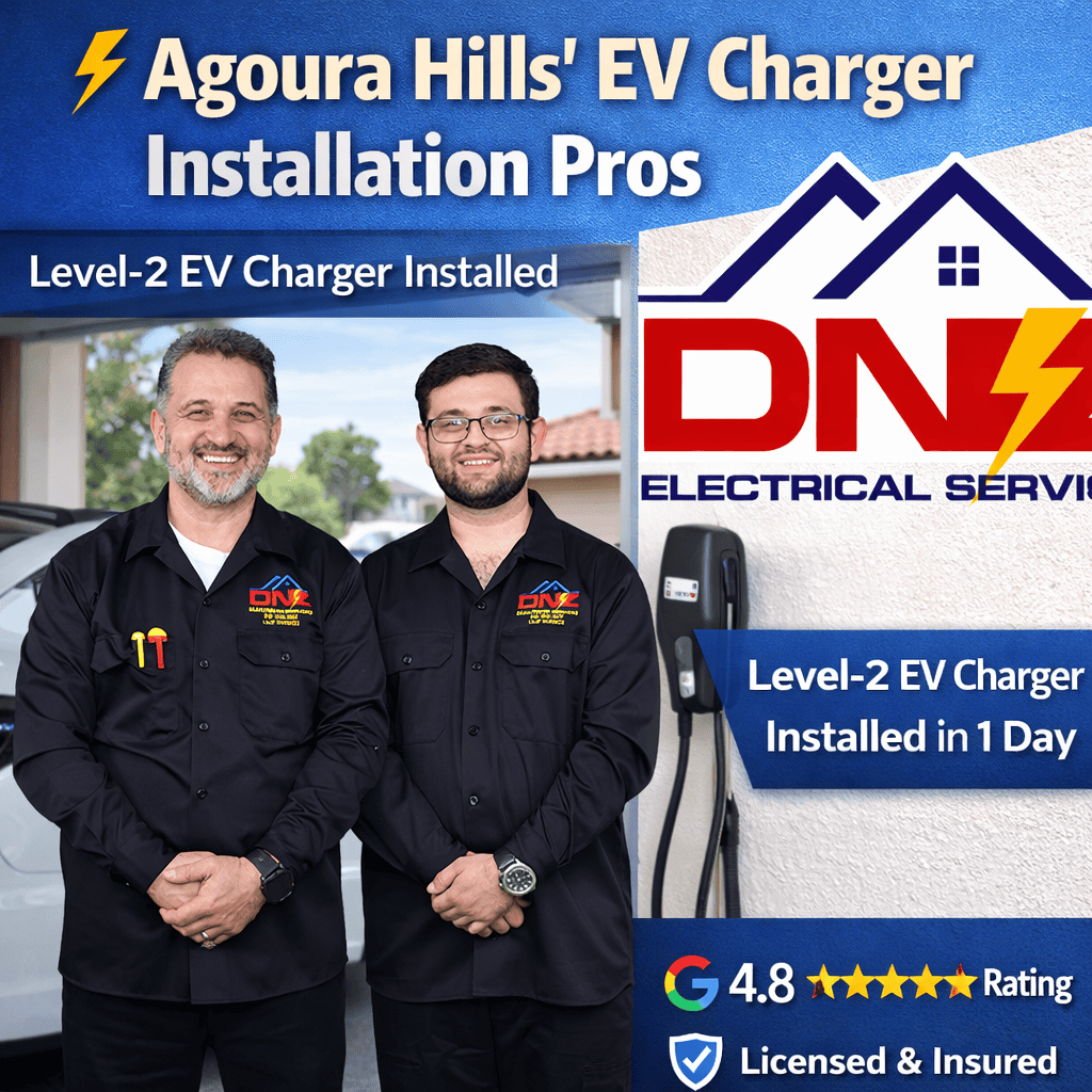 EV Charger Installation in Agoura Hills CA | DNZ Electrical Services Licensed electricians from DNZ Electrical Services installing a Level 2 EV charger in a home garage in Agoura Hills California