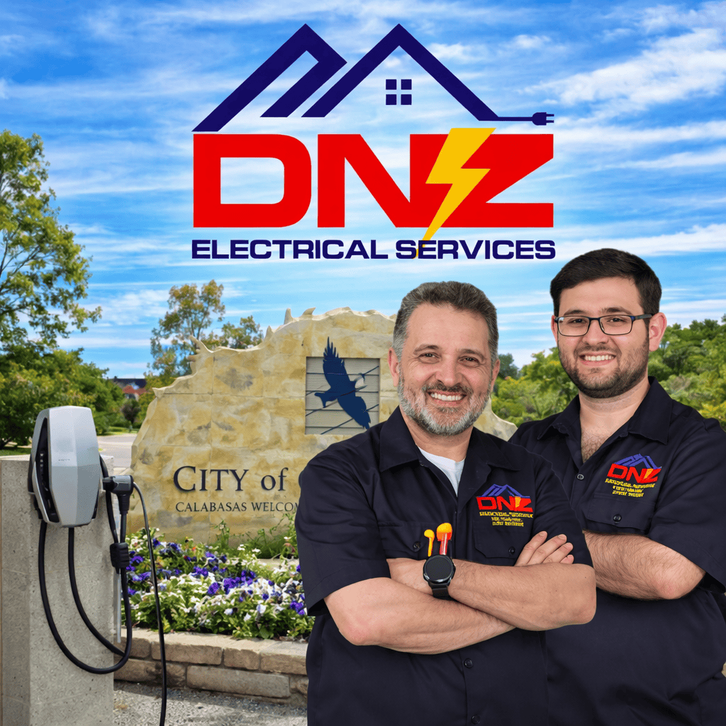 EV Charger Installation in Calabasas CA by DNZ Electrical Services DNZ Electrical Services electricians standing near EV charger installation at the City of Calabasas sign in Calabasas California