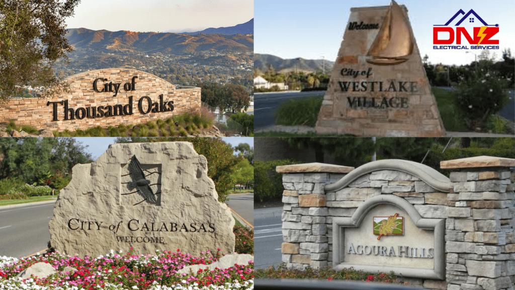DNZ Electrical Services Coverage Map Agoura Hills Thousand Oaks Westlake Village Calabasas DNZ Electrical Services service area map showing Agoura Hills, Thousand Oaks, Westlake Village, and Calabasas in the Conejo Valley where licensed electricians provide electrical repairs, panel upgrades, and EV charger installation