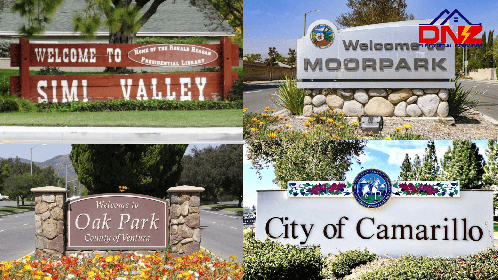 DNZ Electrical Services Electrician Coverage Map Simi Valley Moorpark Oak Park Camarillo DNZ Electrical Services service area map showing Simi Valley, Moorpark, Oak Park, and Camarillo where licensed electricians provide panel upgrades, EV charger installation, electrical troubleshooting, and emergency repairs