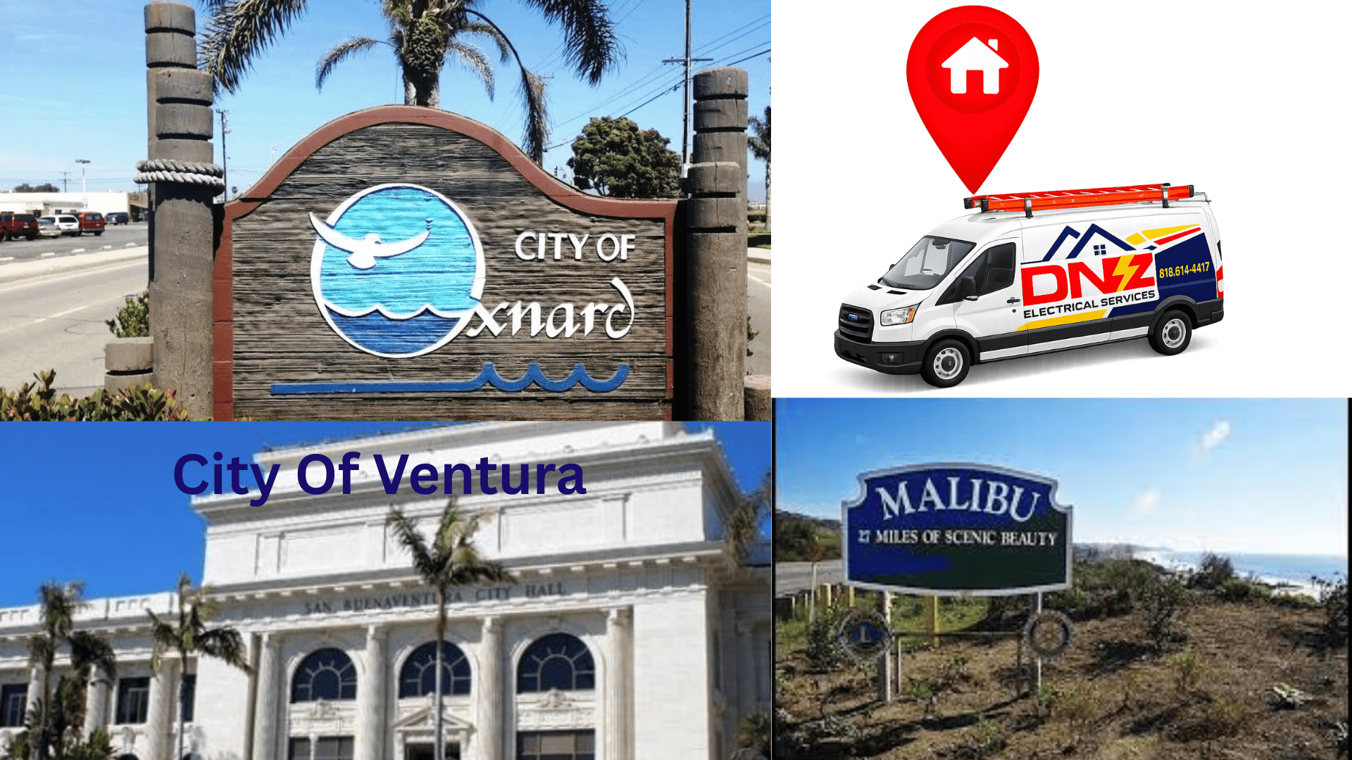 dnz-electrical-services-service-area-ventura-oxnard-malibu DNZ Electrical Services service area map showing Ventura, Oxnard, and Malibu where licensed electricians provide electrical repairs, panel upgrades, EV charger installation, and emergency electrical service