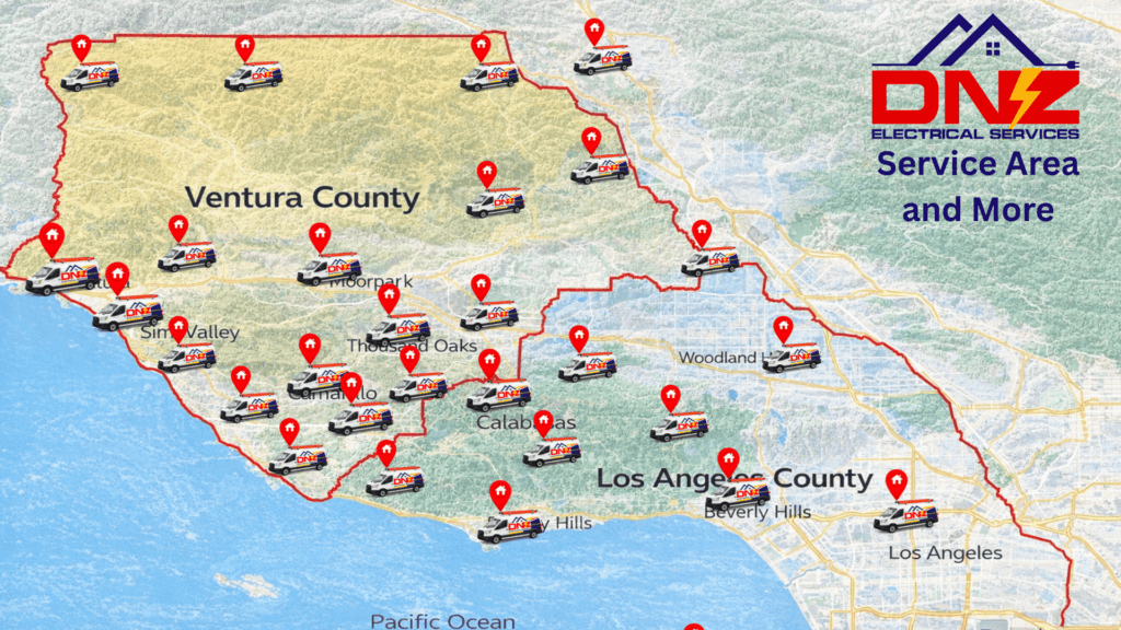 DNZ Electrical Services Coverage Map Ventura and Los Angeles Counties Service area map showing DNZ Electrical Services coverage across Ventura County and Los Angeles County including Agoura Hills, Thousand Oaks, Westlake Village, Calabasas, and surrounding areas