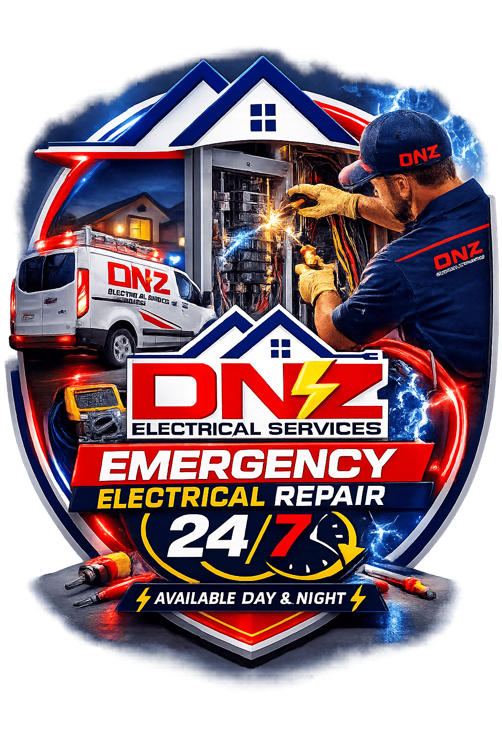 24/7 Emergency Electrical Repair – DNZ Electrical Services Electrician Emergency electrician repairing an electrical panel at night with 24/7 emergency electrical repair service by DNZ Electrical Services in Agoura Hills California.