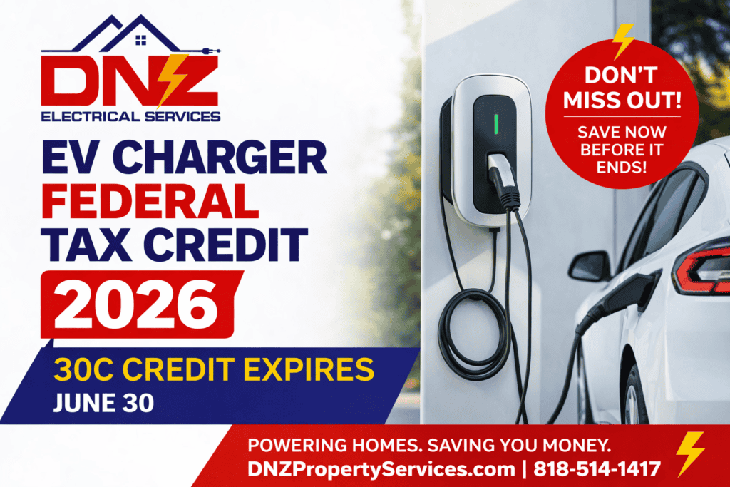 EV Charger Federal Tax Credit 2026 | DNZ Electrical Services DNZ Electrical Services EV charger federal tax credit 2026 advertisement showing Section 30C credit expiring June 30, 2026 with EV charging station and electric vehicle