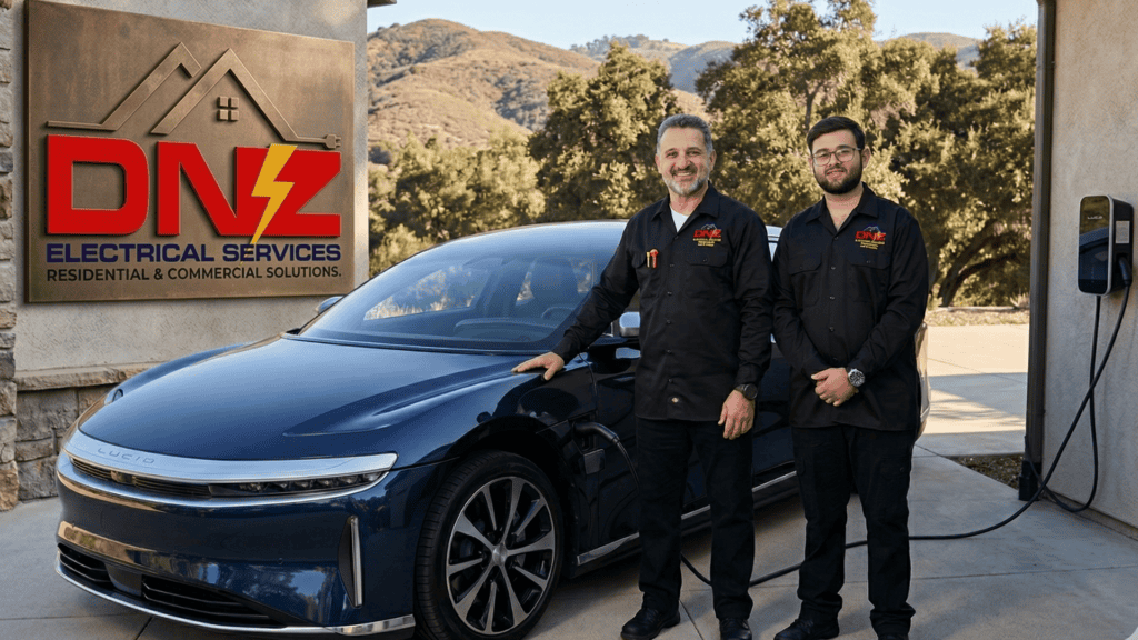 EV Charger Installation Agoura Hills, CA | DNZ Electrical Services Two DNZ Electrical Services technicians standing with a Lucid Air electric car during a home EV charger installation in Agoura Hills.