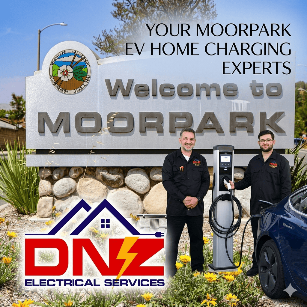 Moorpark EV Charging Station Installation - DNZ Electrical DNZ Electrical Services technicians standing by an EV charger and a Tesla in front of the Welcome to Moorpark city sign