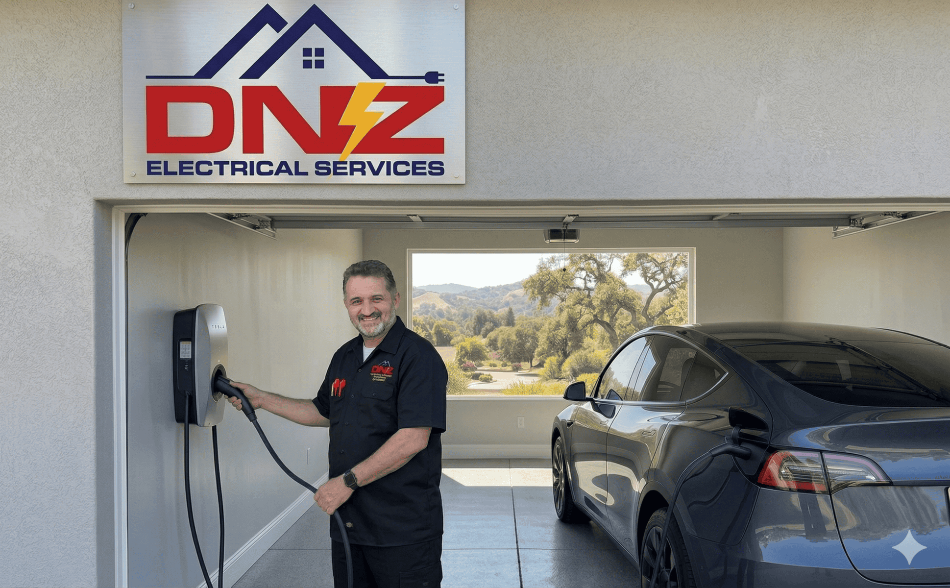 ev-charger-installation-thousand-oaks-dnz-electrical DNZ Electrical Services technician installing a Tesla home EV charger in a Thousand Oaks garage
