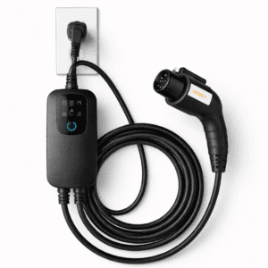 Level 1 electric vehicle charger plugged into a standard 120V wall outlet for home EV charging.