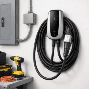 Level 2 EV charger installed on garage wall with dedicated electrical circuit for fast home electric vehicle charging.
