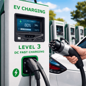 Level 3 DC fast electric vehicle charging station with EV connector used for rapid public EV charging