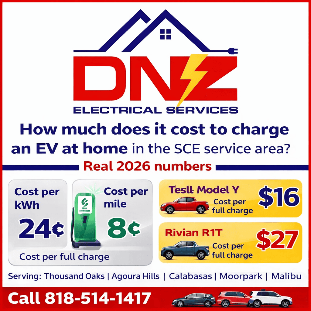 2026 EV Home Charging Cost Guide in SCE Service Area | DNZ Electrical Services DNZ Electrical Services infographic showing 2026 EV home charging costs in the SCE service area, including cost per kWh, cost per mile, Tesla Model Y charging cost, Rivian R1T charging cost, and service areas including Thousand Oaks, Agoura Hills, Calabasas, Moorpark, and Malibu.