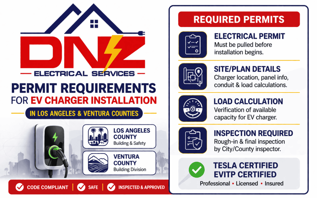 EV Charger Permit Requirements in Los Angeles and Ventura Counties | DNZ Electrical Services DNZ Electrical Services infographic showing permit requirements for EV charger installation in Los Angeles and Ventura Counties including electrical permit, load calculation, installation plans, and inspection requirements.
