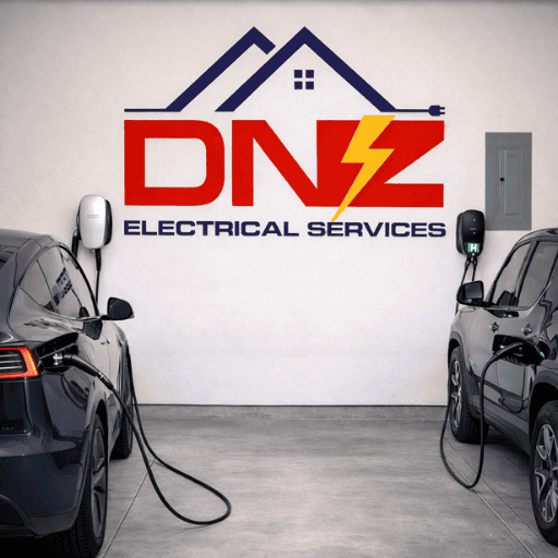 Dual EV Charger Installation in Garage | DNZ Electrical Services Two electric vehicles charging side by side in a residential garage with Tesla and Level 2 EV chargers installed by DNZ Electrical Services.