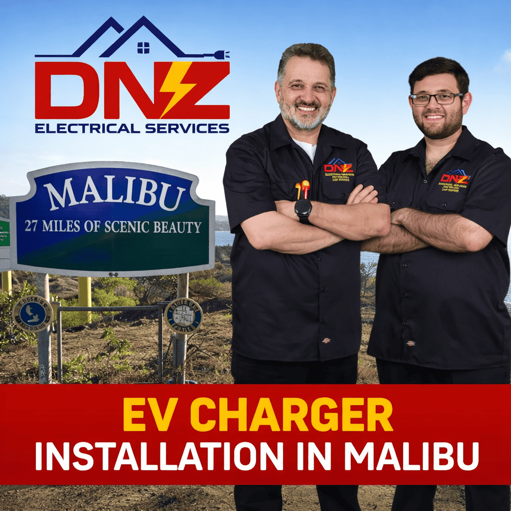 EV Charger Installation in Malibu, CA | DNZ Electrical Services DNZ Electrical Services technicians standing near Malibu sign promoting EV charger installation services in Malibu California