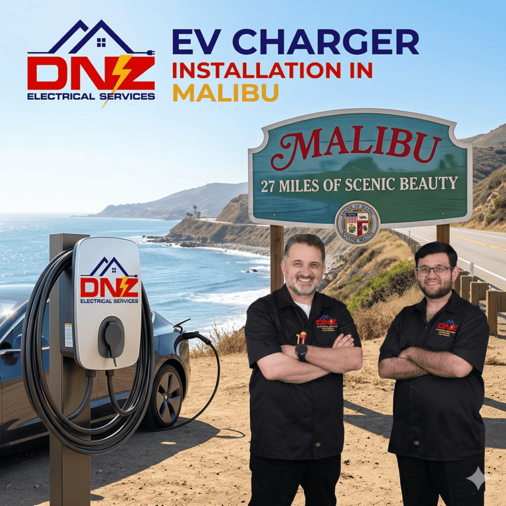 ev-charger-installation-malibu-dnz-electrical-services DNZ Electrical Services licensed technicians standing by Malibu city sign next to a professional EV charger installation on the coast