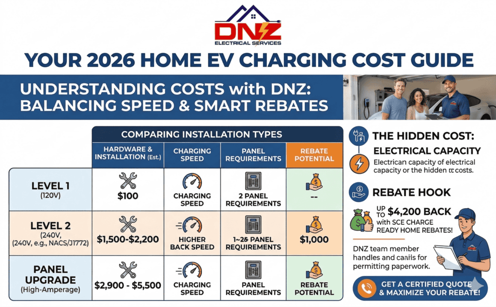 How Much Does It Cost to Install an EV Charger in Agoura Hills Infographic showing the cost of home EV charging in Agoura Hills, including Level 2 installation pricing from $1,500 to $2,200 and panel upgrades ranging from $2,900 to $5,500 with SCE rebates.